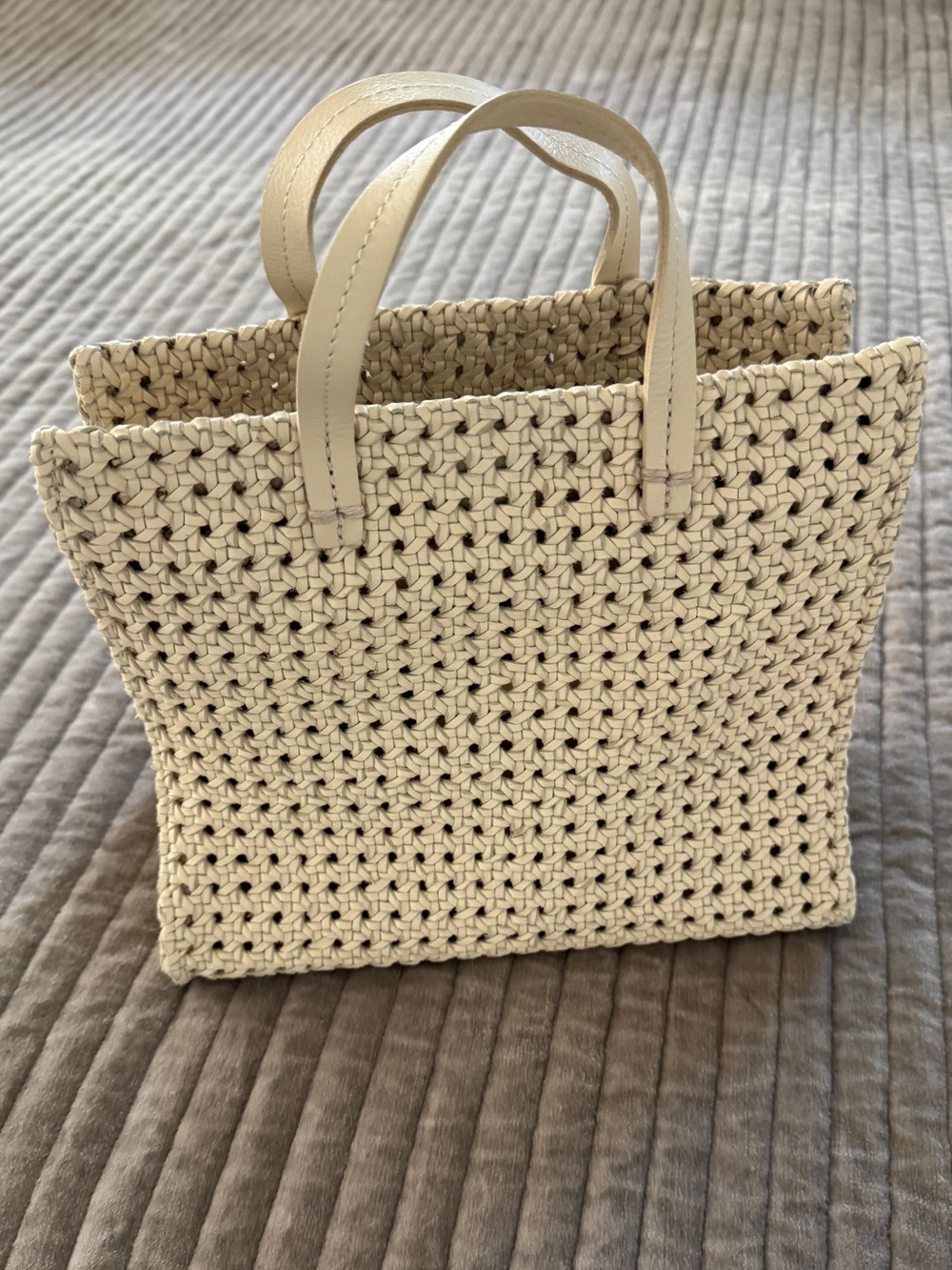 ClareV. Woven Cream Tote with Leather Handles